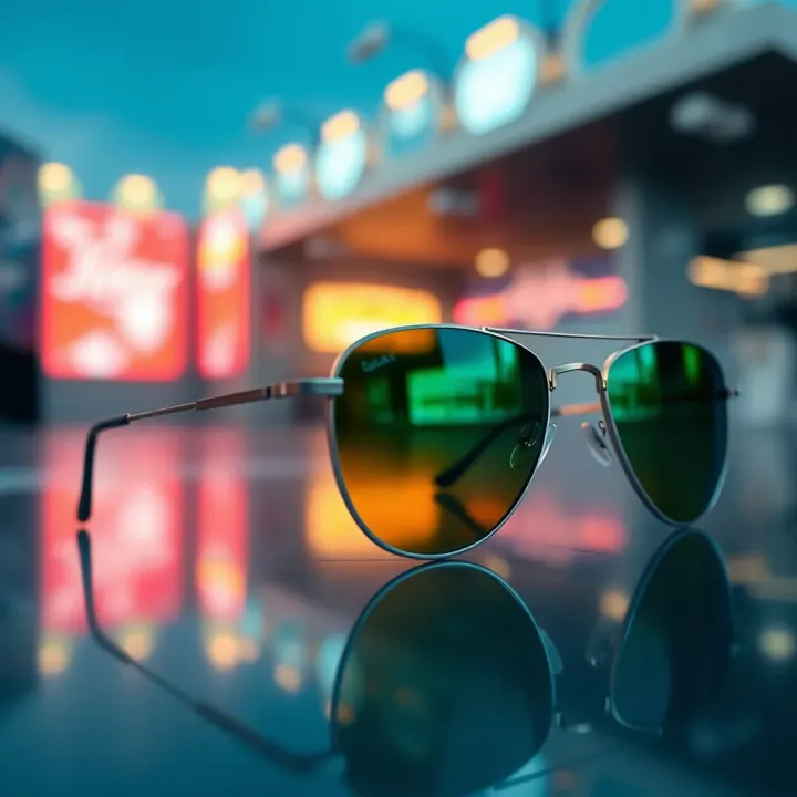 Classic aviator glasses with thin metal frame and teardrop-shaped lenses on a reflective surface