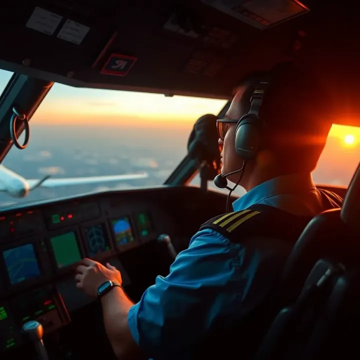 Pilot Operating Flight Controls in Cockpit Pilot in cockpit operating flight controls with an expansive view of the sky