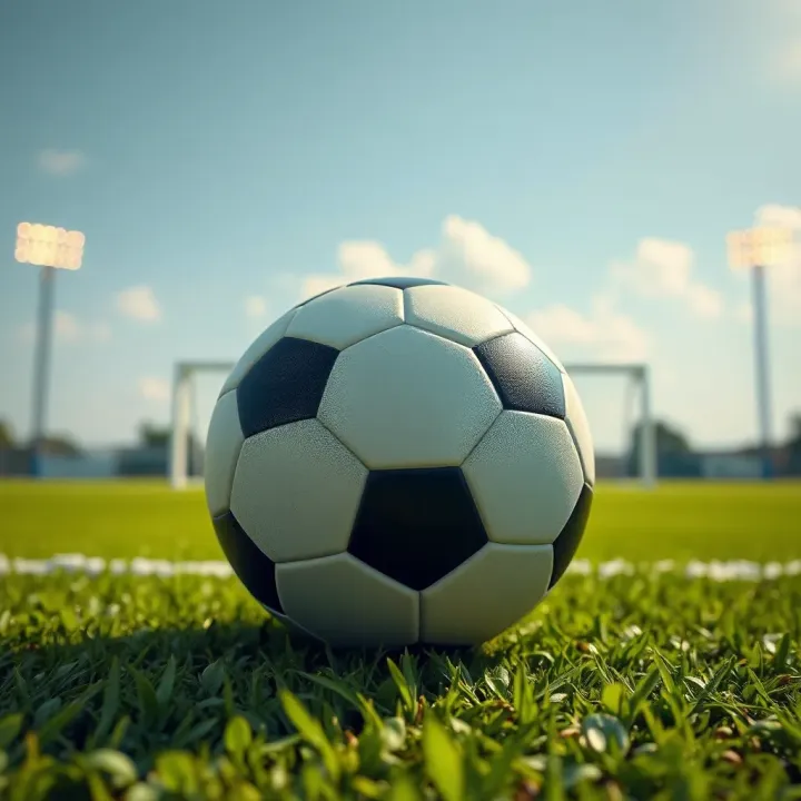 Football ball on green pitch with goalposts in background under clear sky