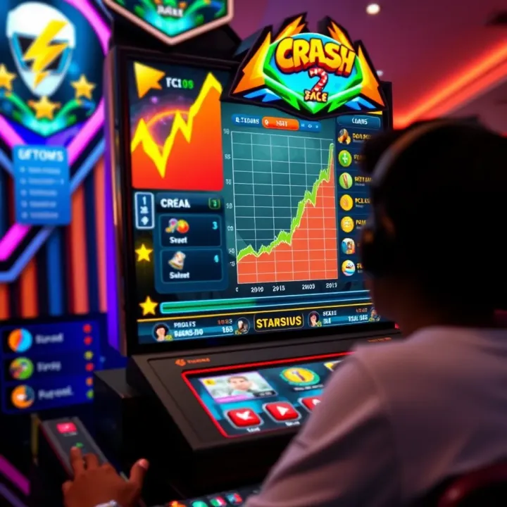 Colorful in-game interface showing dynamic crash game graph and player betting options