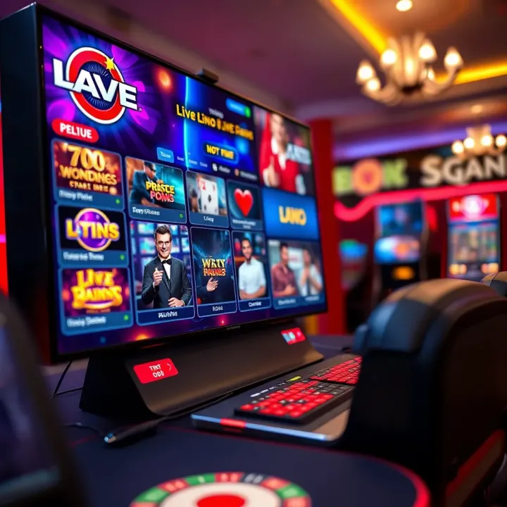 A vibrant live casino interface showcasing a dealer and various live gaming options on screen