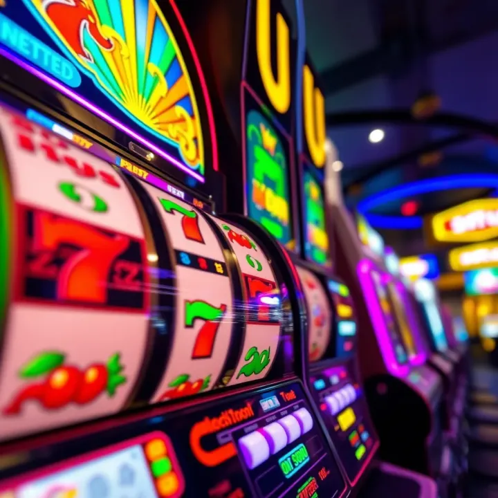 Vibrant Slot Machine Reels in Action at Nigerian Casino Close-up of a slot machine display with colorful reels spinning and bright casino lights