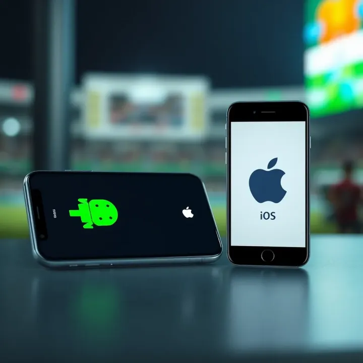 Graphic showing Android and iOS logos alongside a smartphone symbolizing cross-platform app availability