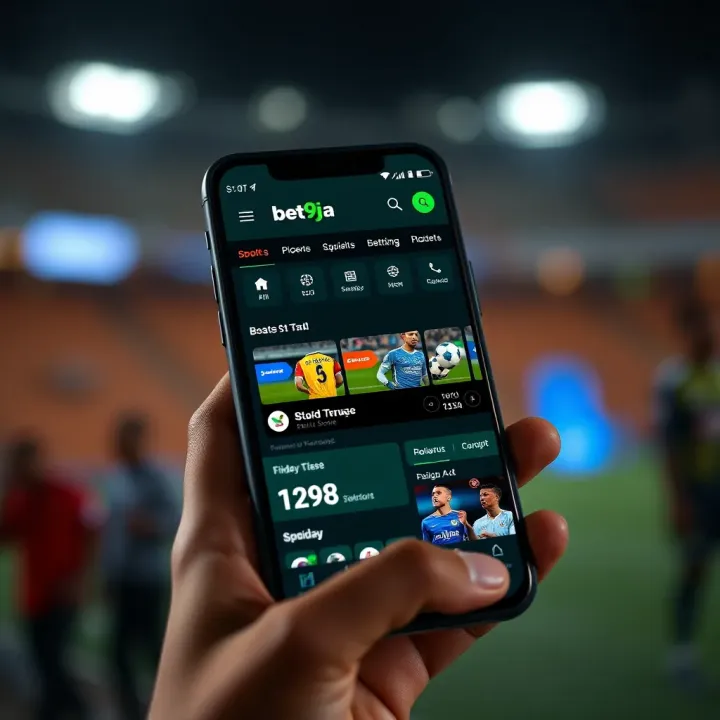 Mobile phone displaying Bet9ja APK app interface with sports betting options