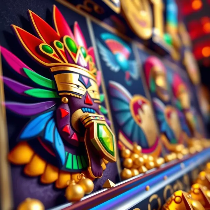 Colorful Aztec symbols and gold treasures on slot reels