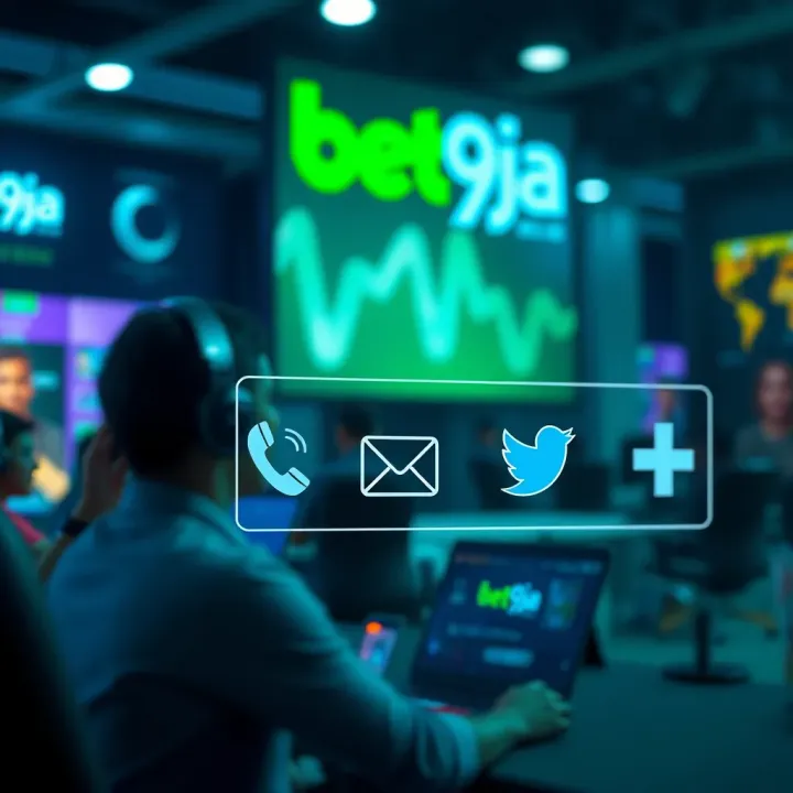 Various contact methods icons including phone, email, and social media for Bet9ja customer care