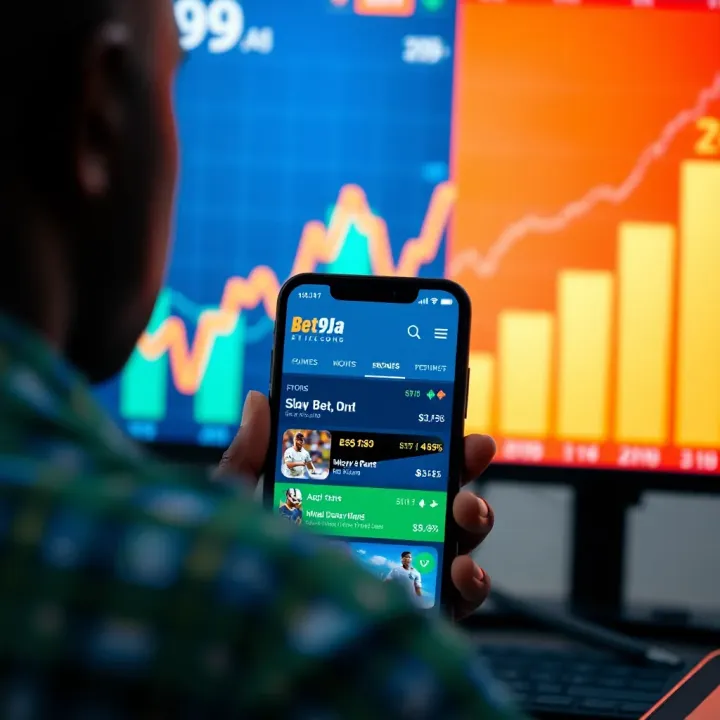 Mobile phone displaying sports betting options with growing economic charts in the background