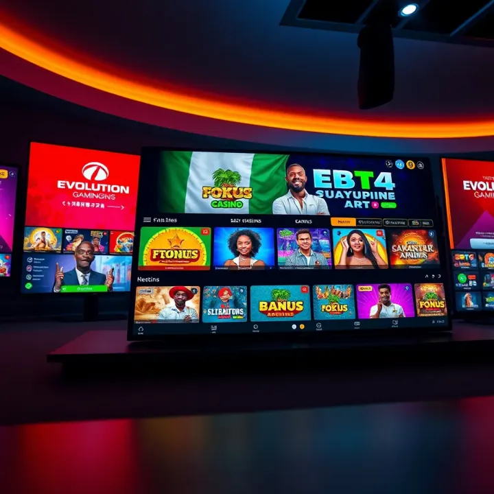 A vibrant online casino interface showcasing Evolution Gaming's live dealer games with Nigerian cultural elements