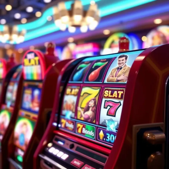 Colorful slot machine reels with various symbols in a digital casino interface