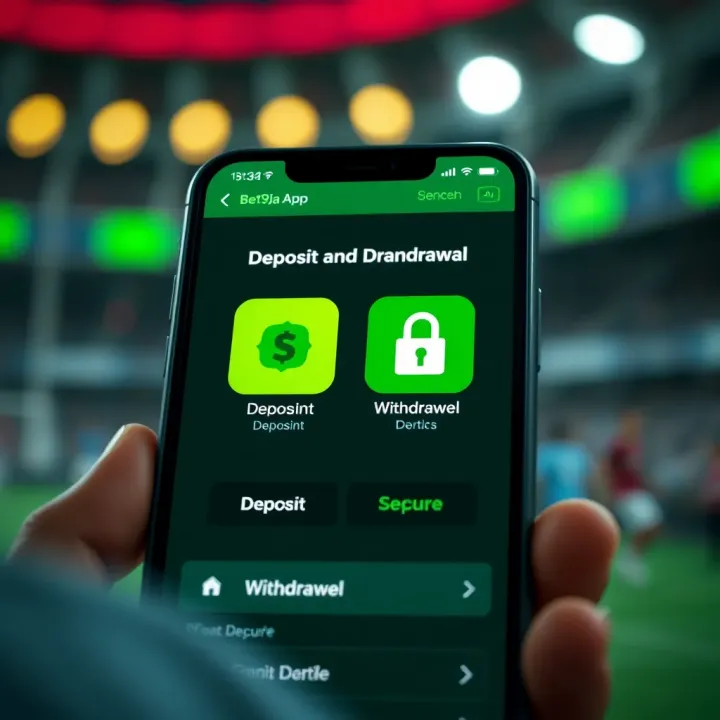 Secure transaction process on Bet9ja app with icons for deposit and withdrawal