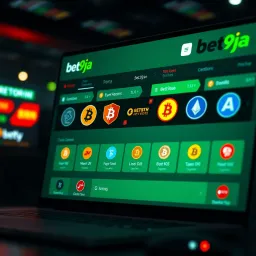 Illustration showing the Bet9ja platform with various cryptocurrency icons representing digital currency options for deposits